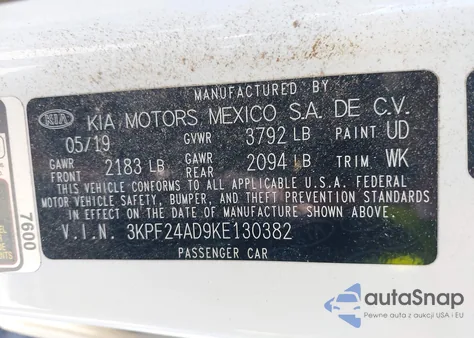 2019 Kia Forte Fe z USA, uszkodzony, nr VIN 3KPF24AD9KE130382